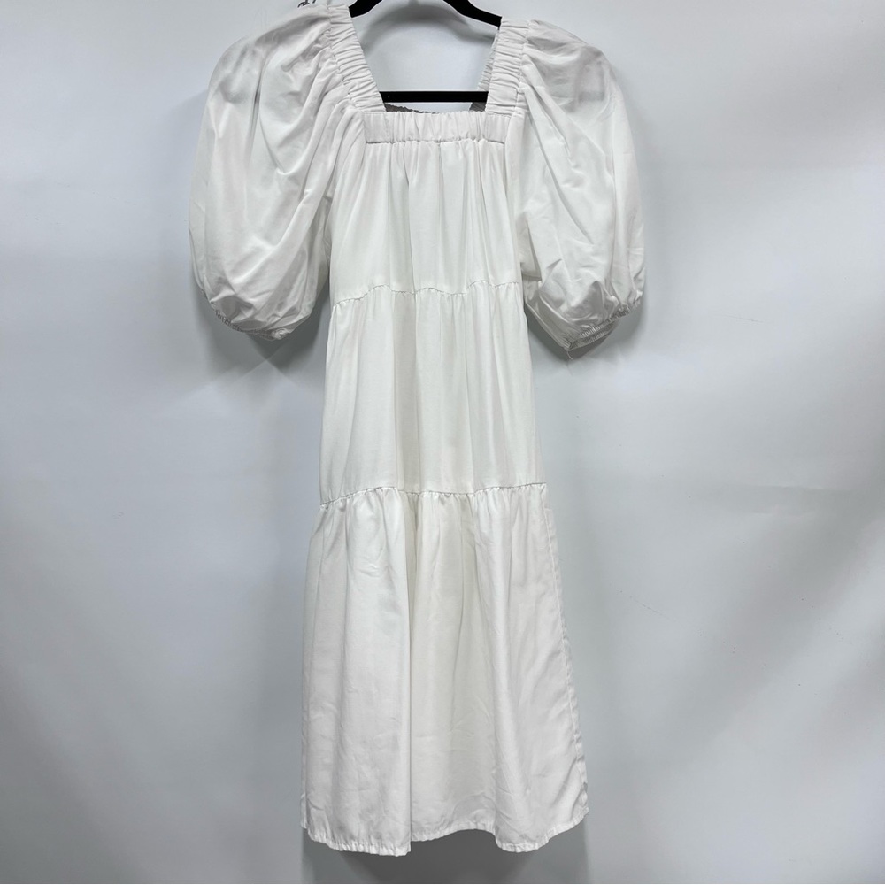 Elegant White Puff Sleeve s Dress tiered square neckline babydoll mini